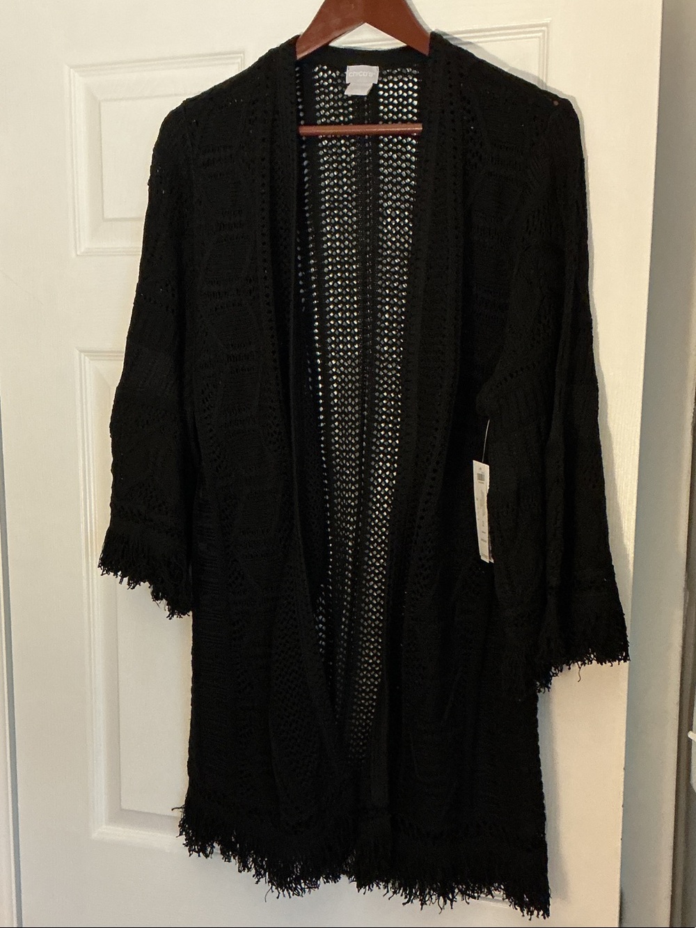 Chico's Black Solid Sweaters for Women Black Openwork Fringe Knit Cardigan